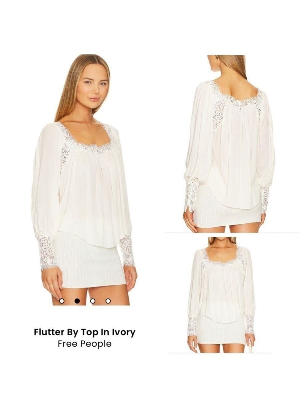 FREE PEOPLE Flutter By Top In Ivory Lace Trim Long Sleeve Blouse Size Large